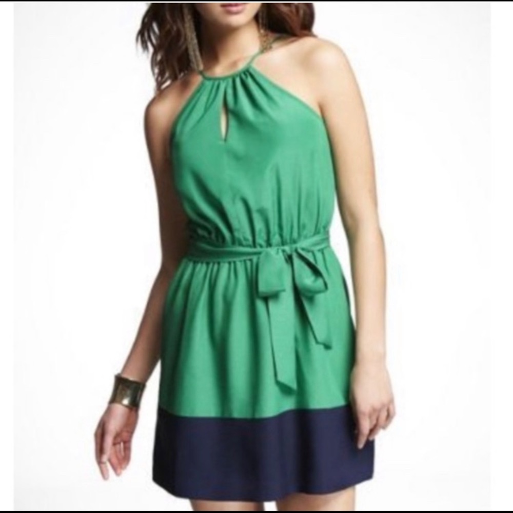Donated to Women in Distress 
Express Green halter dress with blue trim